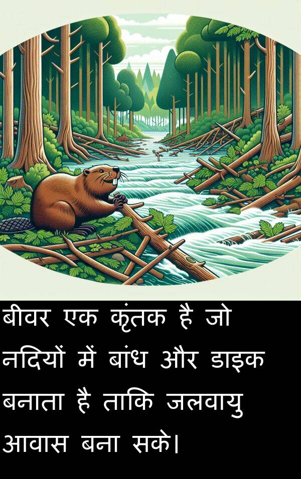 आवास: बीवर एक कृंतक है जो नदियों में बांध और डाइक बनाता है ताकि जलवायु आवास बना सके।
