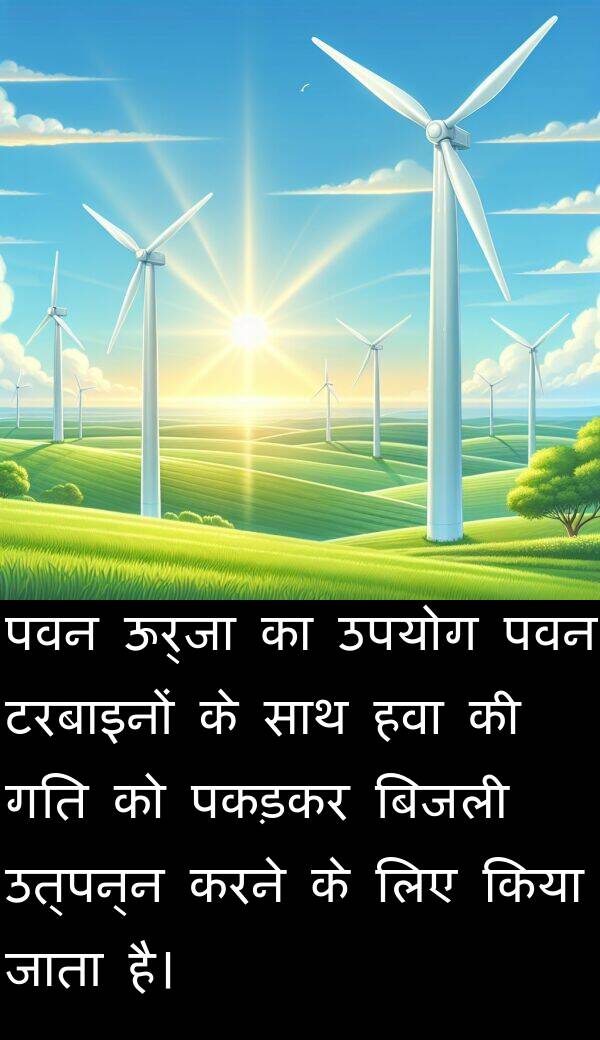 उत्पन्न: पवन ऊर्जा का उपयोग पवन टरबाइनों के साथ हवा की गति को पकड़कर बिजली उत्पन्न करने के लिए किया जाता है।