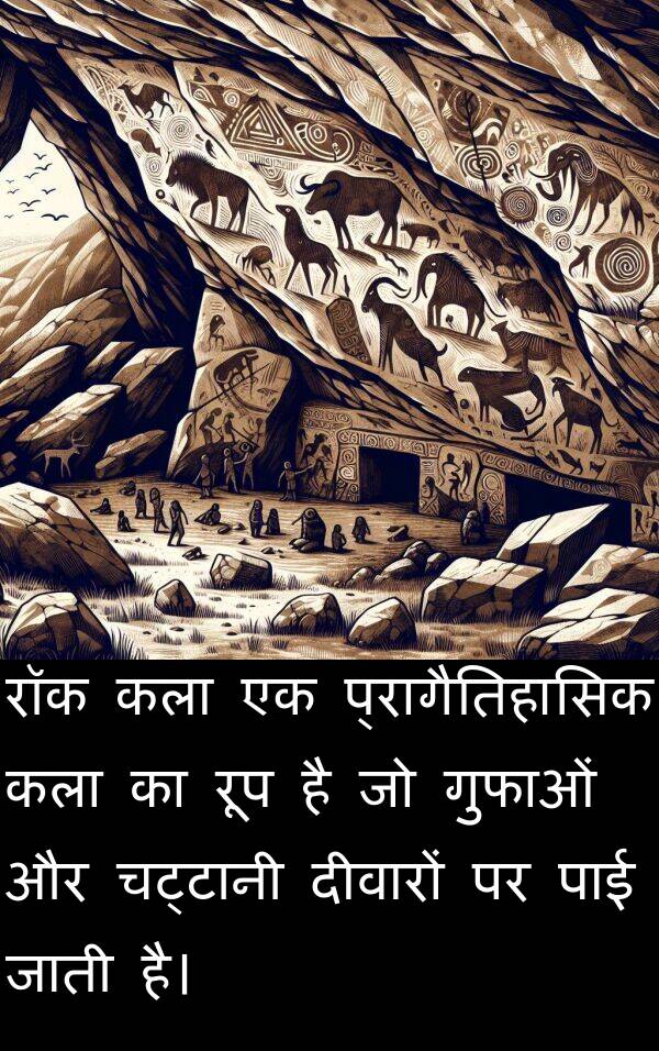 पाई: रॉक कला एक प्रागैतिहासिक कला का रूप है जो गुफाओं और चट्टानी दीवारों पर पाई जाती है।