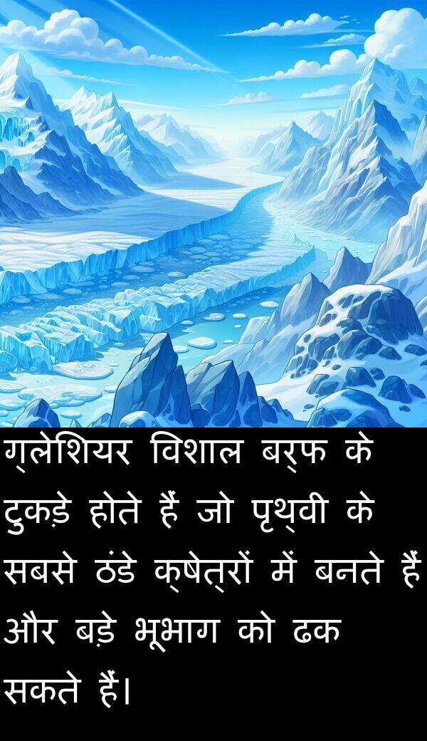 बर्फ: ग्लेशियर विशाल बर्फ के टुकड़े होते हैं जो पृथ्वी के सबसे ठंडे क्षेत्रों में बनते हैं और बड़े भूभाग को ढक सकते हैं।