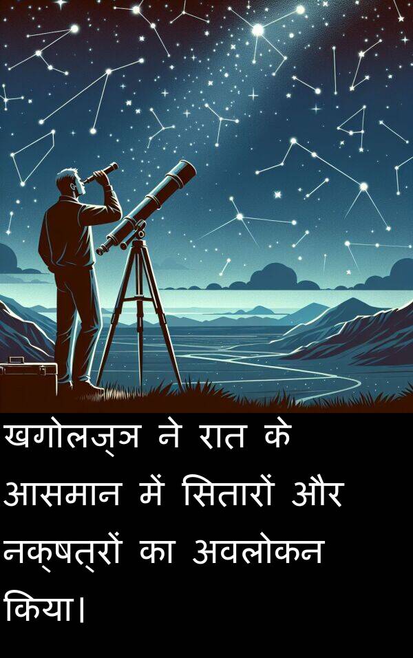खगोलज्ञ: खगोलज्ञ ने रात के आसमान में सितारों और नक्षत्रों का अवलोकन किया।