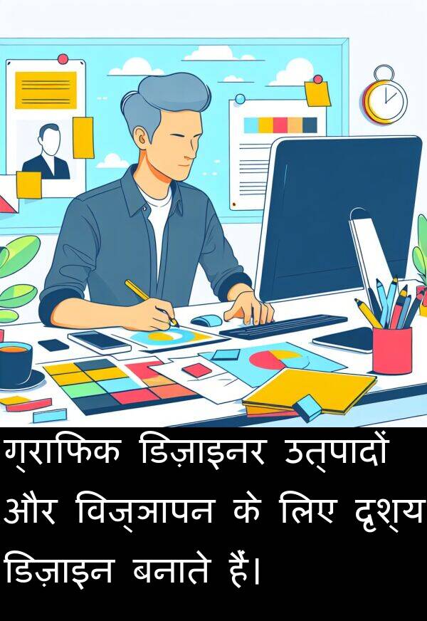 उत्पादों: ग्राफिक डिज़ाइनर उत्पादों और विज्ञापन के लिए दृश्य डिज़ाइन बनाते हैं।