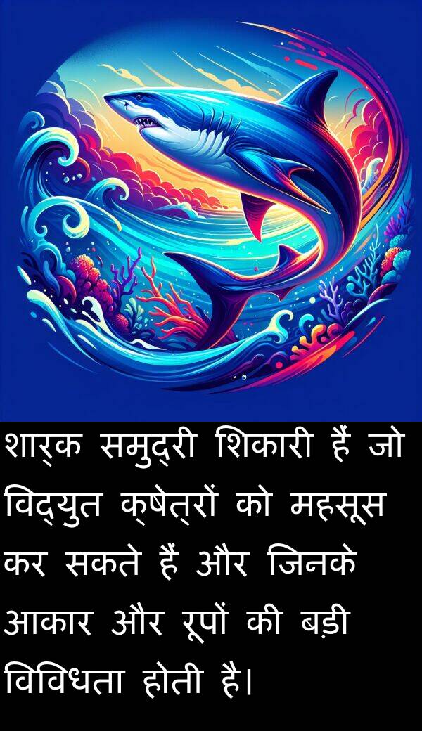 विविधता: शार्क समुद्री शिकारी हैं जो विद्युत क्षेत्रों को महसूस कर सकते हैं और जिनके आकार और रूपों की बड़ी विविधता होती है।