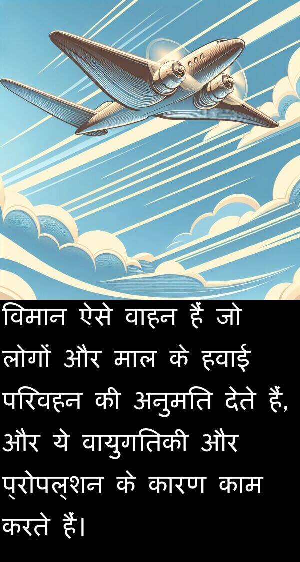 परिवहन: विमान ऐसे वाहन हैं जो लोगों और माल के हवाई परिवहन की अनुमति देते हैं, और ये वायुगतिकी और प्रोपल्शन के कारण काम करते हैं।