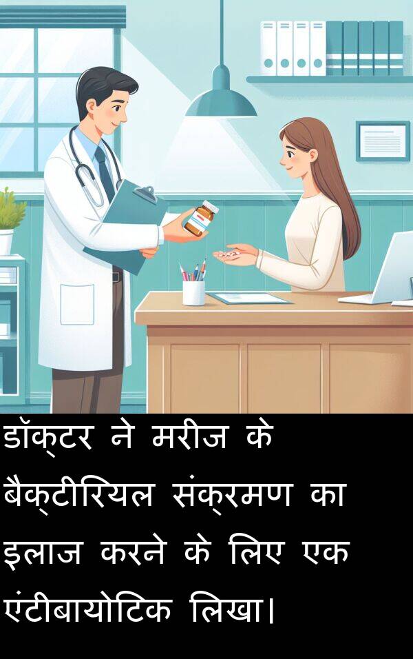 लिखा।: डॉक्टर ने मरीज के बैक्टीरियल संक्रमण का इलाज करने के लिए एक एंटीबायोटिक लिखा।