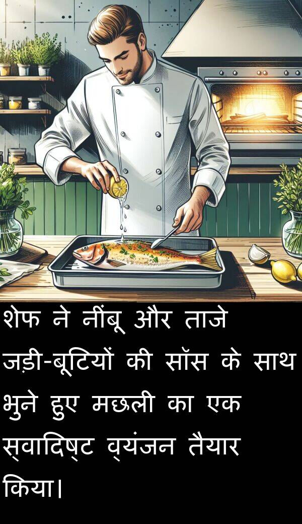 ताजे: शेफ ने नींबू और ताजे जड़ी-बूटियों की सॉस के साथ भुने हुए मछली का एक स्वादिष्ट व्यंजन तैयार किया।