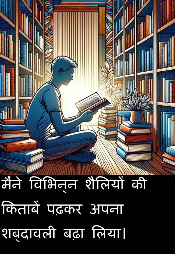 लिया।: मैंने विभिन्न शैलियों की किताबें पढ़कर अपना शब्दावली बढ़ा लिया।