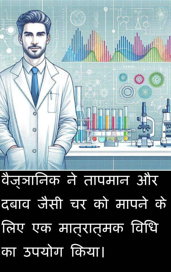 वैज्ञानिक: वैज्ञानिक ने तापमान और दबाव जैसी चर को मापने के लिए एक मात्रात्मक विधि का उपयोग किया।