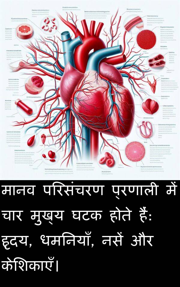 परिसंचरण: मानव परिसंचरण प्रणाली में चार मुख्य घटक होते हैं: हृदय, धमनियाँ, नसें और केशिकाएँ।