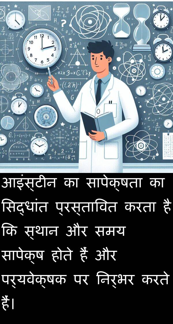पर्यवेक्षक: आइंस्टीन का सापेक्षता का सिद्धांत प्रस्तावित करता है कि स्थान और समय सापेक्ष होते हैं और पर्यवेक्षक पर निर्भर करते हैं।