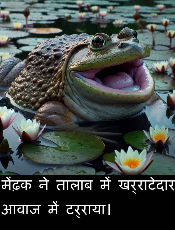 आवाज: मेंढ़क ने तालाब में खर्राटेदार आवाज में टर्राया।