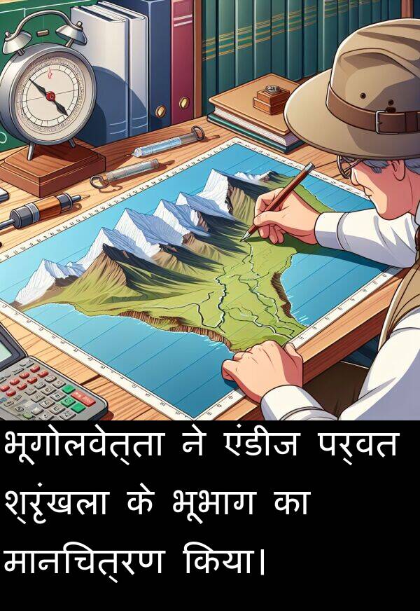 पर्वत: भूगोलवेत्ता ने एंडीज पर्वत श्रृंखला के भूभाग का मानचित्रण किया।