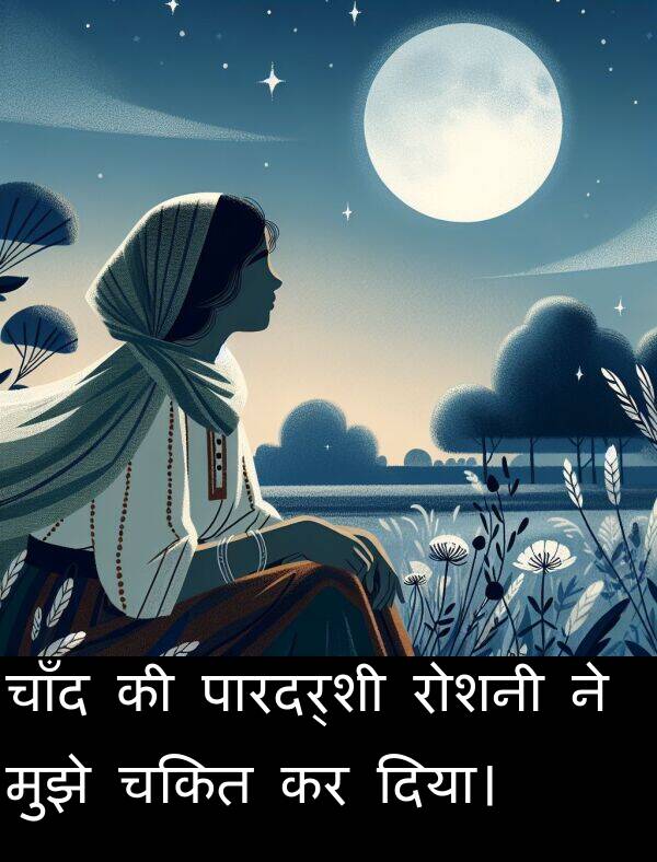 चाँद: चाँद की पारदर्शी रोशनी ने मुझे चकित कर दिया।