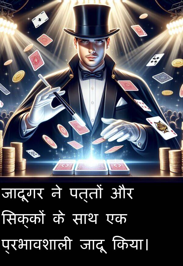 पत्तों: जादूगर ने पत्तों और सिक्कों के साथ एक प्रभावशाली जादू किया।