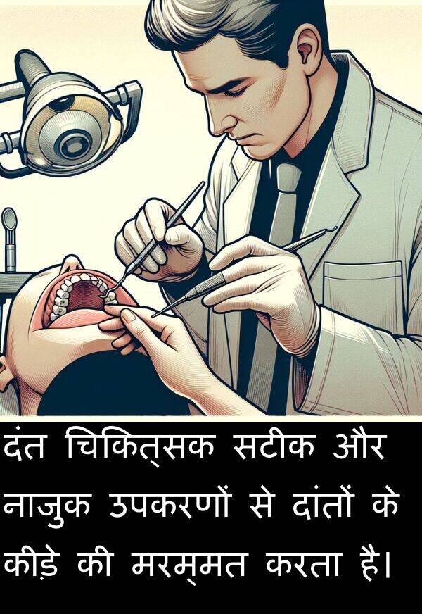 उपकरणों: दंत चिकित्सक सटीक और नाजुक उपकरणों से दांतों के कीड़े की मरम्मत करता है।