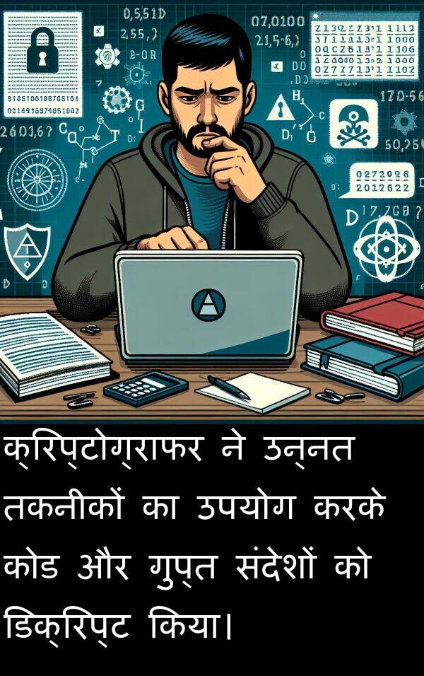 उन्नत: क्रिप्टोग्राफर ने उन्नत तकनीकों का उपयोग करके कोड और गुप्त संदेशों को डिक्रिप्ट किया।