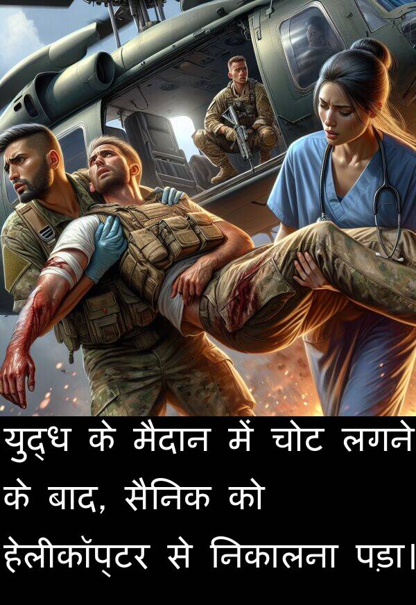 लगने: युद्ध के मैदान में चोट लगने के बाद, सैनिक को हेलीकॉप्टर से निकालना पड़ा।