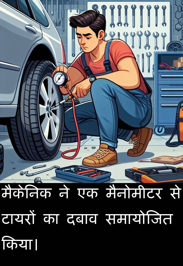 समायोजित: मैकेनिक ने एक मैनोमीटर से टायरों का दबाव समायोजित किया।