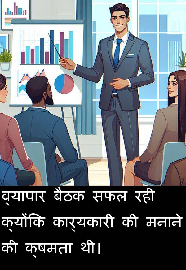 सफल: व्यापार बैठक सफल रही क्योंकि कार्यकारी की मनाने की क्षमता थी।