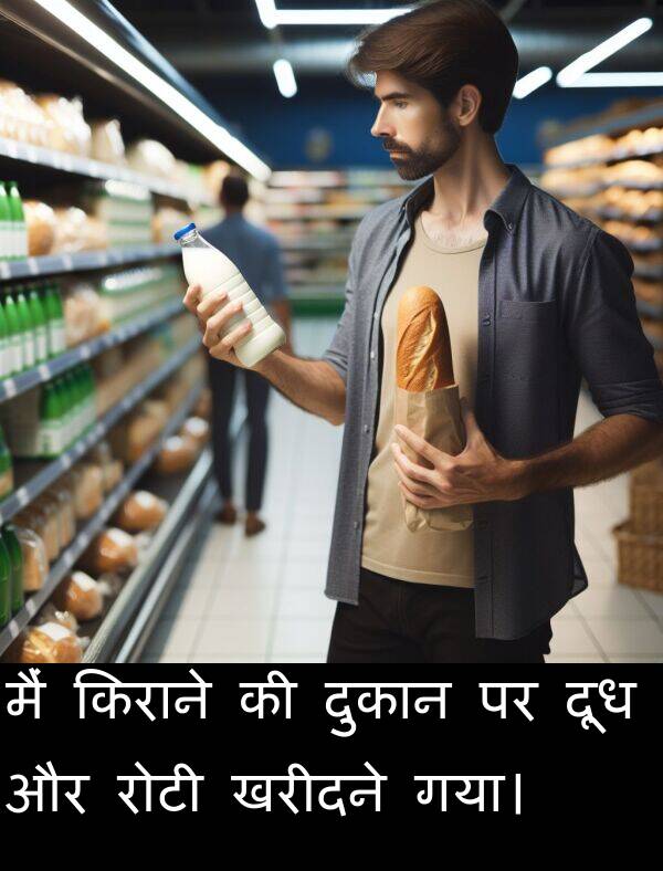 खरीदने: मैं किराने की दुकान पर दूध और रोटी खरीदने गया।