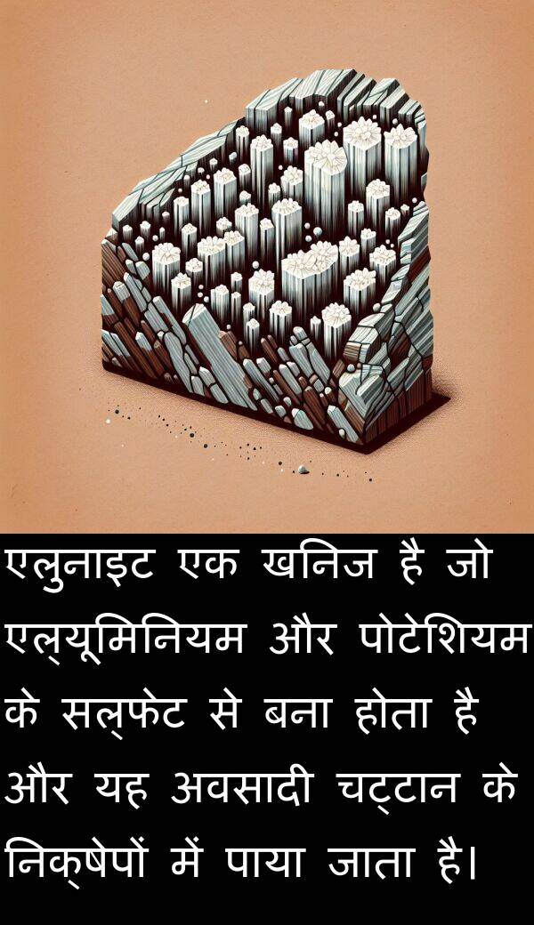खनिज: एलुनाइट एक खनिज है जो एल्यूमिनियम और पोटेशियम के सल्फेट से बना होता है और यह अवसादी चट्टान के निक्षेपों में पाया जाता है।