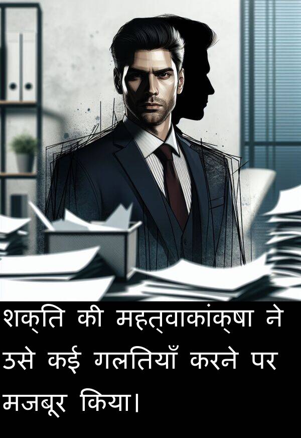 महत्वाकांक्षा: शक्ति की महत्वाकांक्षा ने उसे कई गलतियाँ करने पर मजबूर किया।