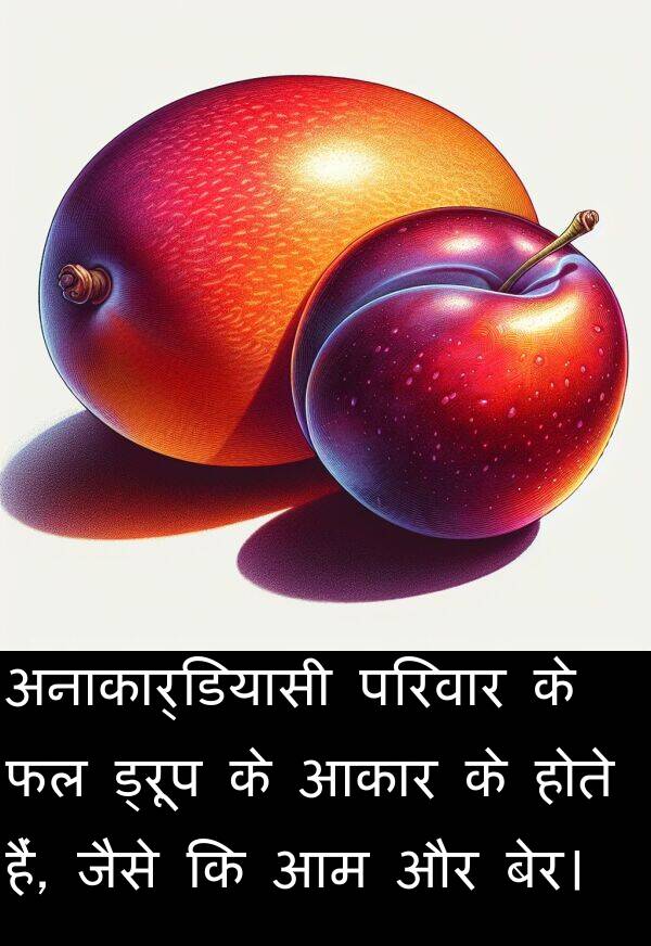 परिवार: अनाकार्डियासी परिवार के फल ड्रूप के आकार के होते हैं, जैसे कि आम और बेर।