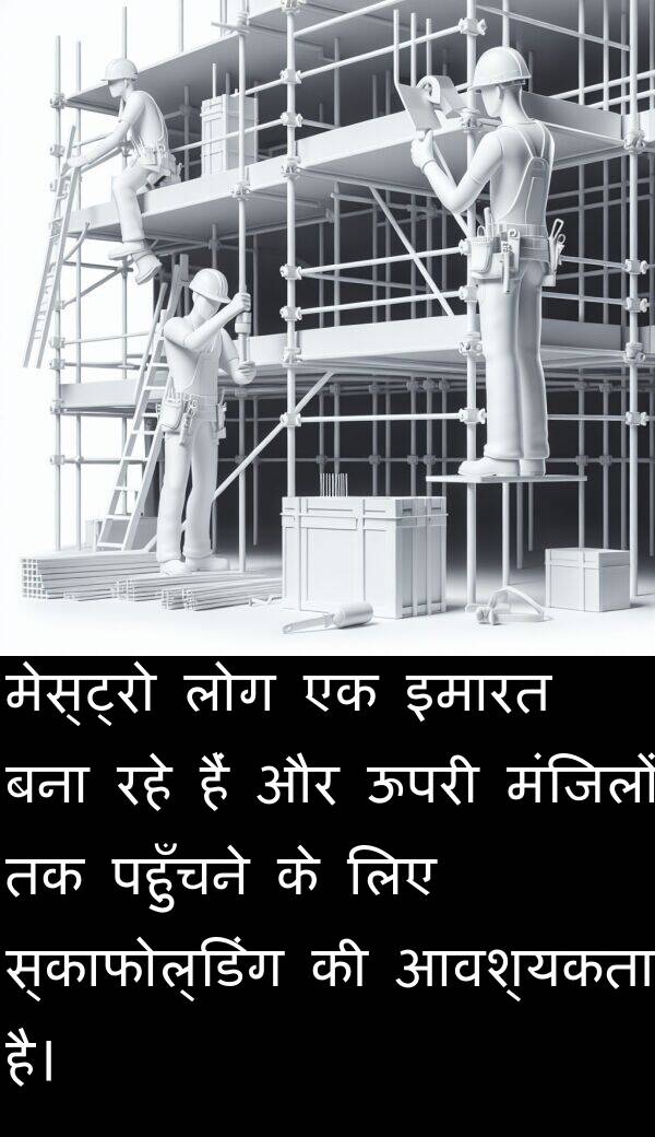 पहुँचने: मेस्ट्रो लोग एक इमारत बना रहे हैं और ऊपरी मंजिलों तक पहुँचने के लिए स्काफोल्डिंग की आवश्यकता है।