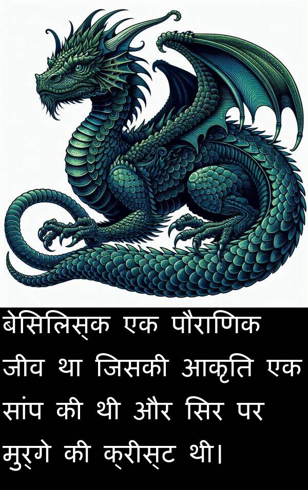 आकृति: बेसिलिस्क एक पौराणिक जीव था जिसकी आकृति एक सांप की थी और सिर पर मुर्गे की क्रीस्ट थी।