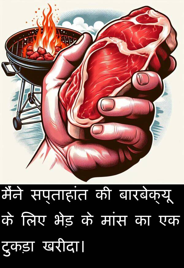 खरीदा।: मैंने सप्ताहांत की बारबेक्यू के लिए भेड़ के मांस का एक टुकड़ा खरीदा।