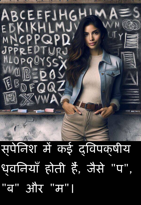 ध्वनियाँ: स्पेनिश में कई द्विपक्षीय ध्वनियाँ होती हैं, जैसे "प", "ब" और "म"।