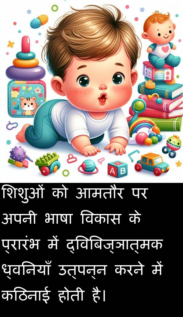 उत्पन्न: शिशुओं को आमतौर पर अपनी भाषा विकास के प्रारंभ में द्विबिज्ञात्मक ध्वनियाँ उत्पन्न करने में कठिनाई होती है।
