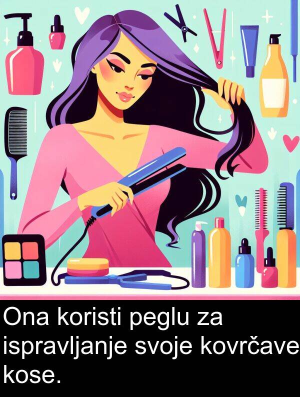 ispravljanje: Ona koristi peglu za ispravljanje svoje kovrčave kose.
