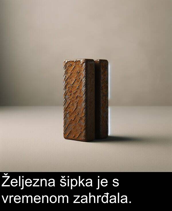 zahrđala: Željezna šipka je s vremenom zahrđala.