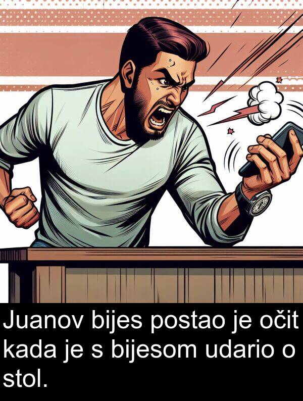 bijesom: Juanov bijes postao je očit kada je s bijesom udario o stol.