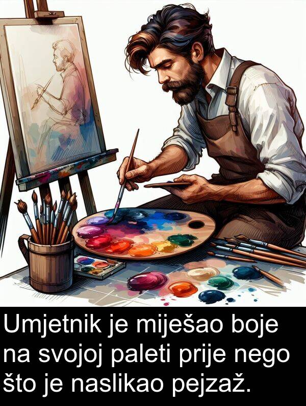 pejzaž: Umjetnik je miješao boje na svojoj paleti prije nego što je naslikao pejzaž.