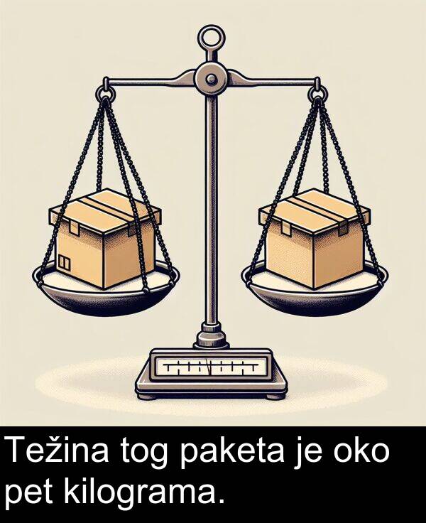 pet: Težina tog paketa je oko pet kilograma.