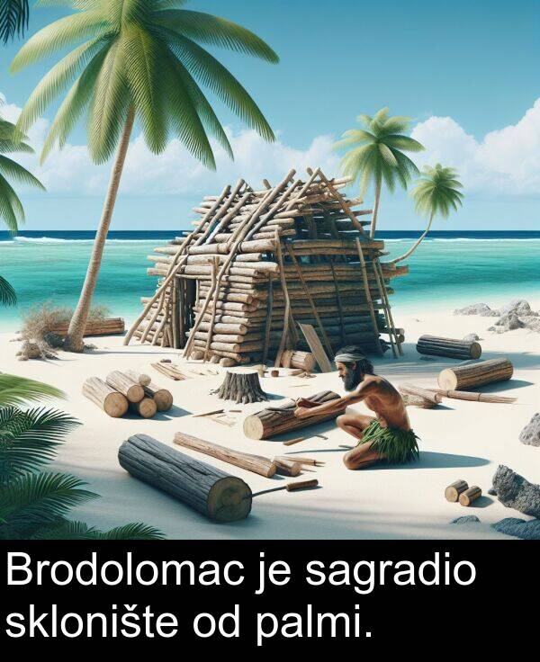 palmi: Brodolomac je sagradio sklonište od palmi.