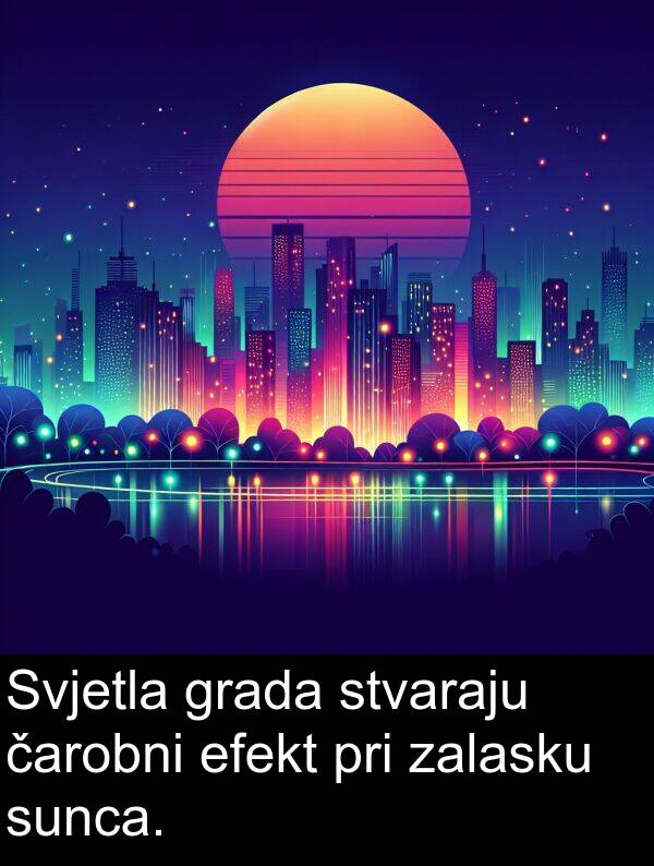 grada: Svjetla grada stvaraju čarobni efekt pri zalasku sunca.