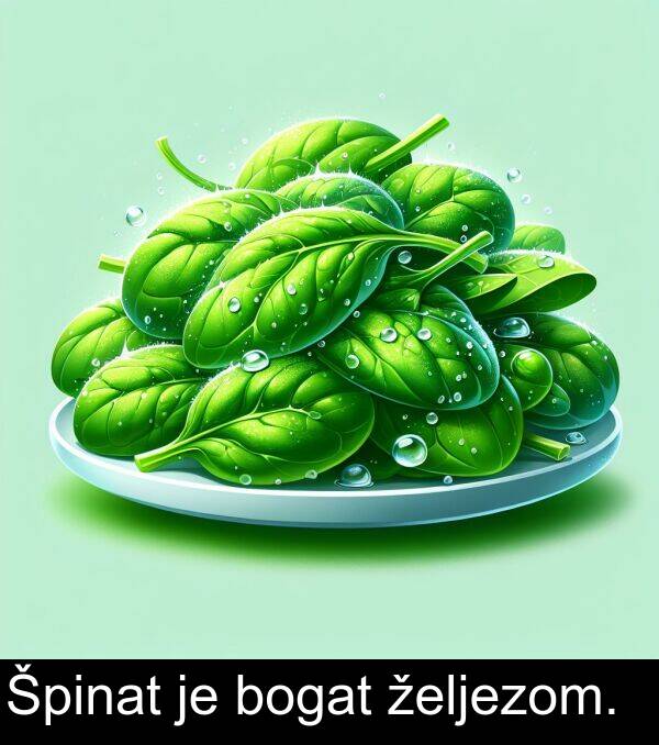bogat: Špinat je bogat željezom.