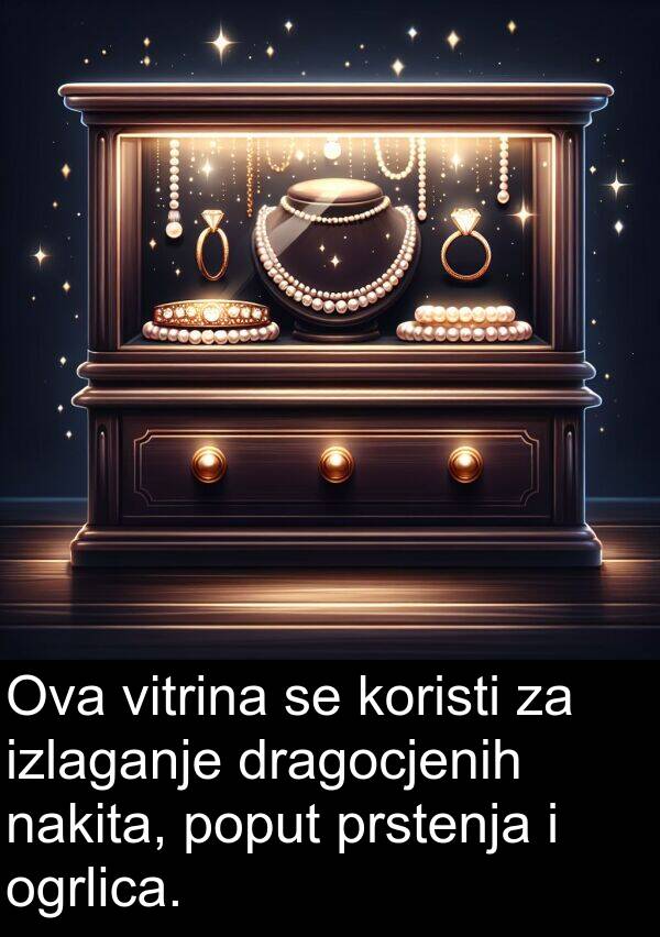 nakita: Ova vitrina se koristi za izlaganje dragocjenih nakita, poput prstenja i ogrlica.