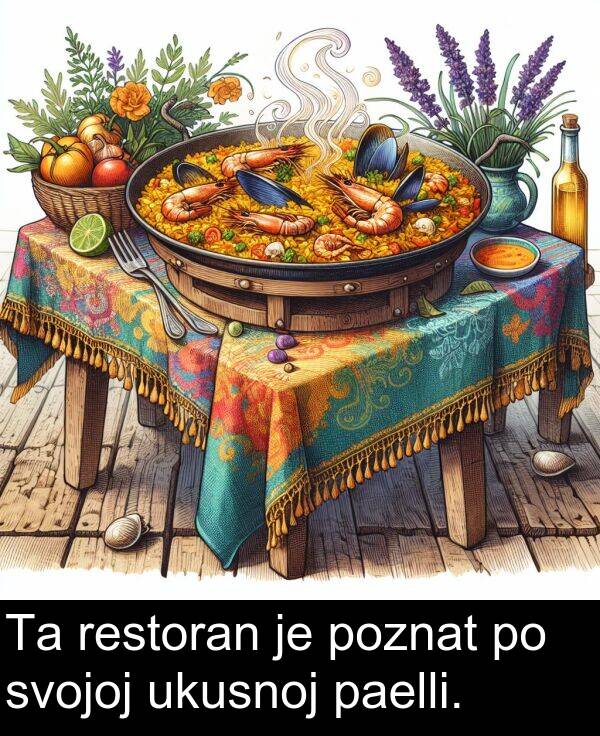 ukusnoj: Ta restoran je poznat po svojoj ukusnoj paelli.