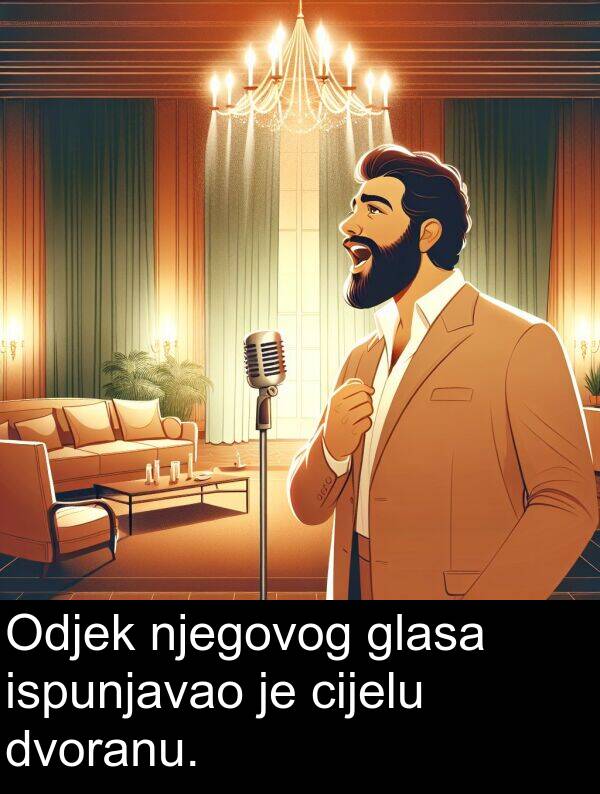 cijelu: Odjek njegovog glasa ispunjavao je cijelu dvoranu.