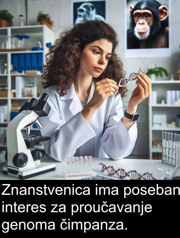 interes: Znanstvenica ima poseban interes za proučavanje genoma čimpanza.
