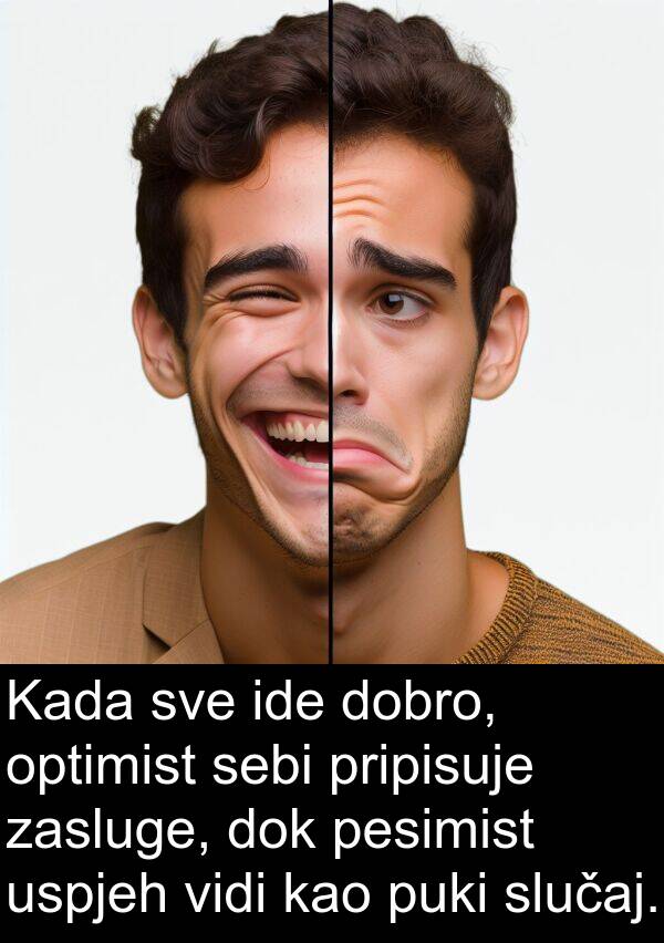 zasluge: Kada sve ide dobro, optimist sebi pripisuje zasluge, dok pesimist uspjeh vidi kao puki slučaj.