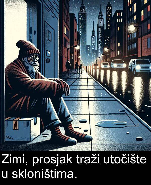 skloništima: Zimi, prosjak traži utočište u skloništima.