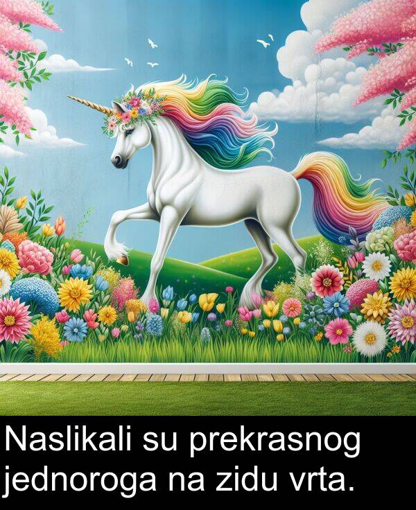 zidu: Naslikali su prekrasnog jednoroga na zidu vrta.