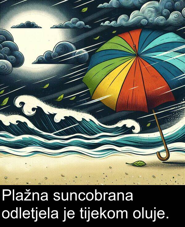tijekom: Plažna suncobrana odletjela je tijekom oluje.