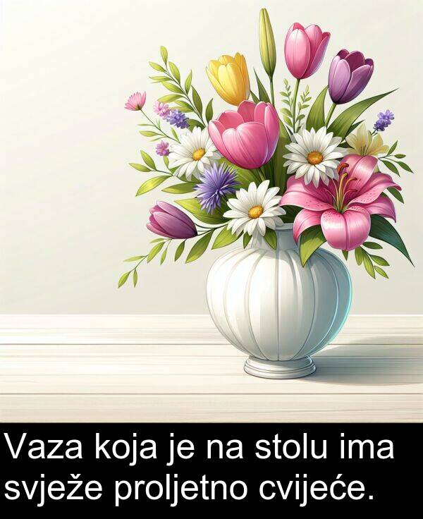 stolu: Vaza koja je na stolu ima svježe proljetno cvijeće.