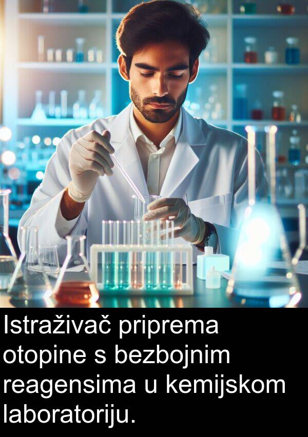 bezbojnim: Istraživač priprema otopine s bezbojnim reagensima u kemijskom laboratoriju.